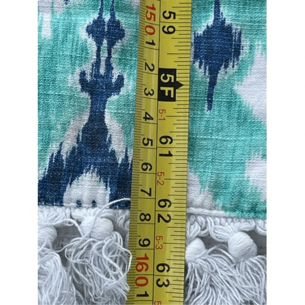 100% Cotton Ikat Table Runner Home 63x13 Turquoise Blue Good Tassel Fringe Boho